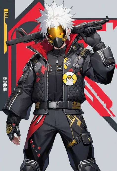 He has spiky, white hair that adds to his dynamic appearance. He wears a futuristic, black and gray mask with yellow glowing eyes, giving him a menacing and high-tech look.

Outfit: He is dressed in a red jacket with various patches and symbols, including ...