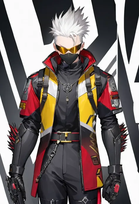 He has spiky, white hair that adds to his dynamic appearance. He wears a futuristic, black and gray mask with yellow glowing eyes, giving him a menacing and high-tech look.

Outfit: He is dressed in a red jacket with various patches and symbols, including ...