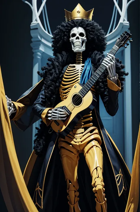 Three-dimensional effect,Standing Full body skeleton,realistic,Crown on head,junbo afro,On a big ship,By the Sea,Blue scarf,Yellow fur,Black coat,Holding a guitar,Glossy body,The inside of the skeleton is black