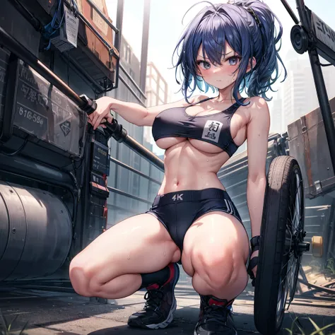 ((Highest quality)), ((masterpiece)), ((detailed)), (4K), 1girl, 独奏, indigo blue hair, black sports bra, bike shorts, squatting, (open legs), large breasts, underboob, angry, looking at viewer, (from below), face focus, town, wasteland, sweat