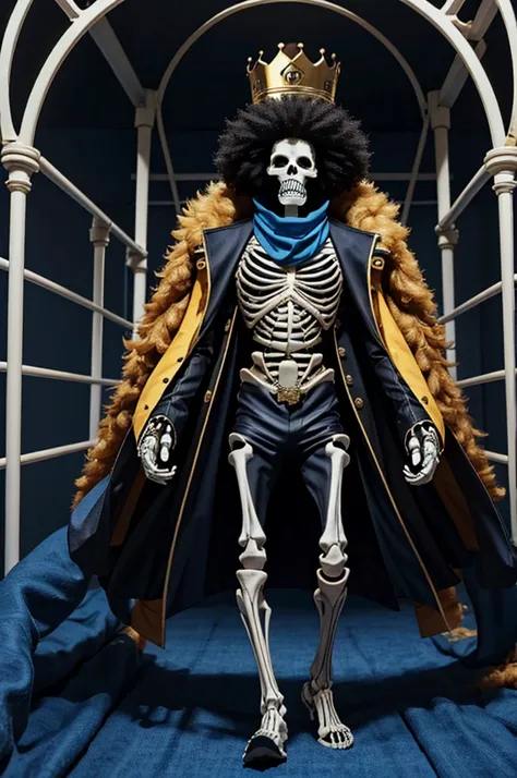 Three-dimensional effect,Standing Full body skeleton,realistic,Crown on head,junbo afro,On a big ship,By the Sea,Blue scarf,Yellow fur,Black coat,Holding a guitar,Glossy body,The inside of the skeleton is black