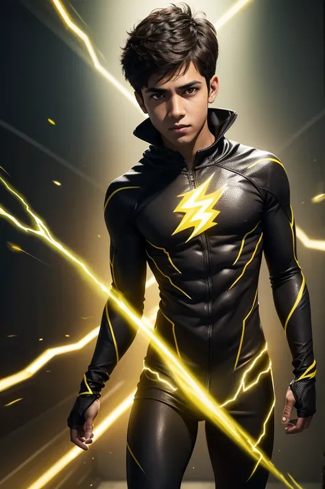 Create an image of a 17-year-old brown boy wearing the Reverse Flash costume from the series.