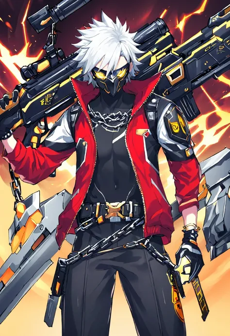 He has spiky, white hair that adds to his dynamic appearance. He wears a futuristic, black and gray mask with yellow glowing eyes, giving him a menacing and high-tech look.

Outfit: He is dressed in a red jacket with various patches and symbols, including ...