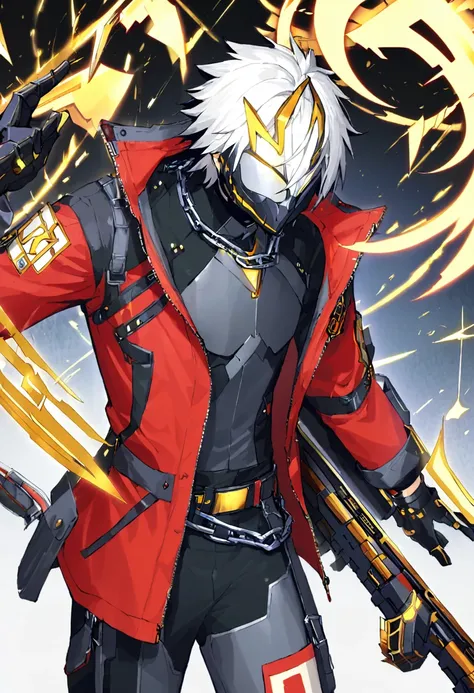 He has spiky, white hair that adds to his dynamic appearance. He wears a futuristic, black and gray mask with yellow glowing eyes, giving him a menacing and high-tech look.

Outfit: He is dressed in a red jacket with various patches and symbols, including ...