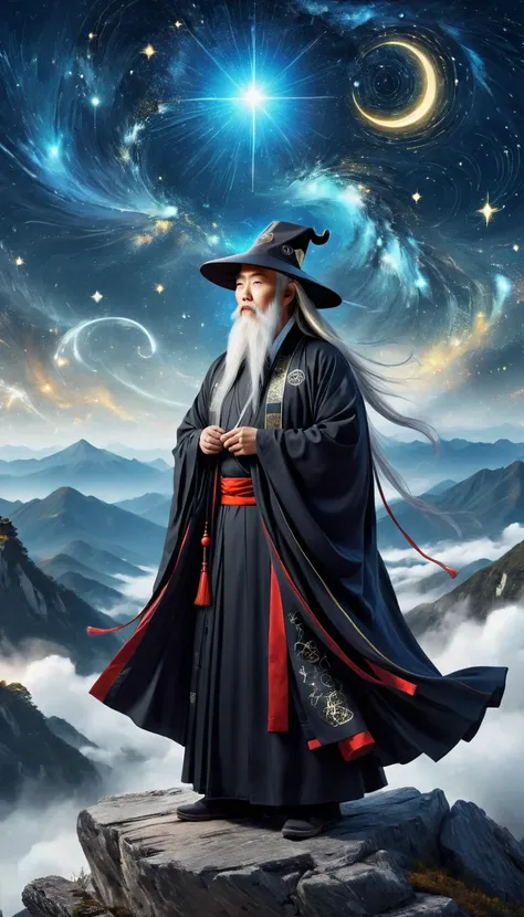 a wise old Chinese Taoist sorcerer in flowing black robe, long white beard and eyebrows, wearing a traditional scholars hat, standing on a mountain peak gazing at the starry night sky, surrounded by glowing mystical runes and symbols, ethereal atmosphere, ...