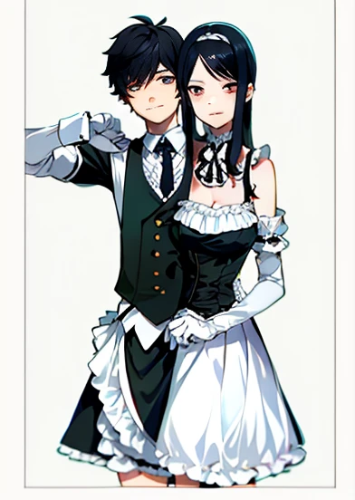 (masterpiece, best quality), best resolution, 2others, couple, 1boy and 1girl with 2heads, (1boy:1.8), swapped heads, headswap, short hair boy, long hair girl,  black hair color, different hair style, male and female conjoinment, beutiful eyes,maid and but...