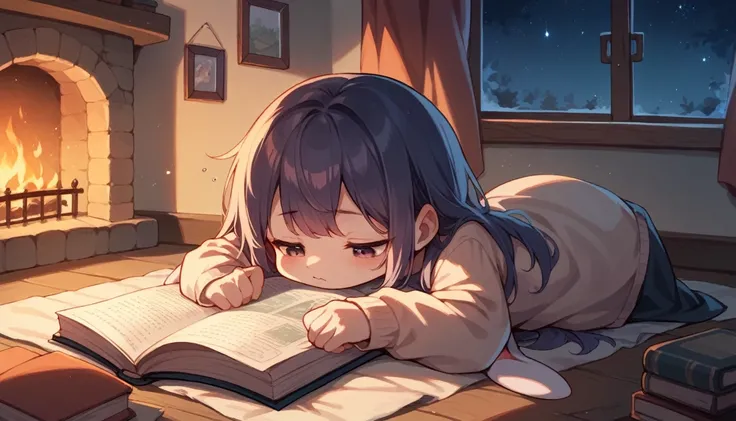 Outside at night, starry sky, in front of the fireplace inside the house, cute rabbit reading a picture book, relaxed atmosphere, sleepy, not human