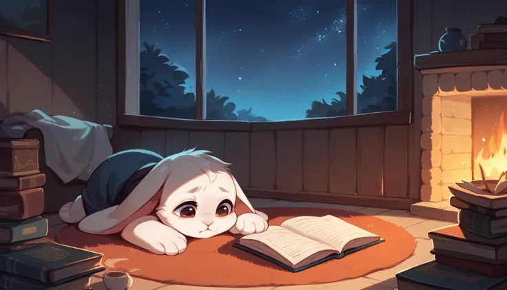 Outside at night, starry sky, in front of the fireplace inside the house, cute rabbit reading a picture book, relaxed atmosphere, sleepy, not human