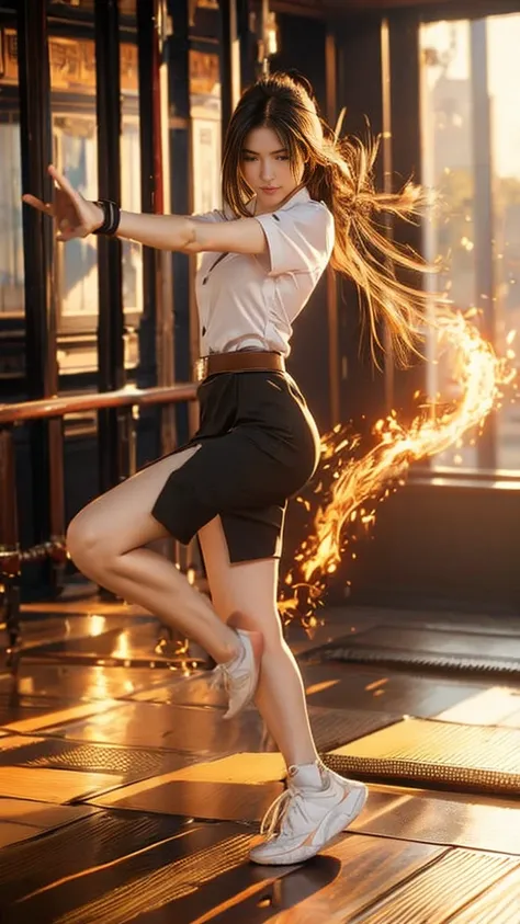 (fire element:1.2), knee shot, 18s woman in thai university uniform, long straight fire hair, white short-sleeve shirt, black ti...