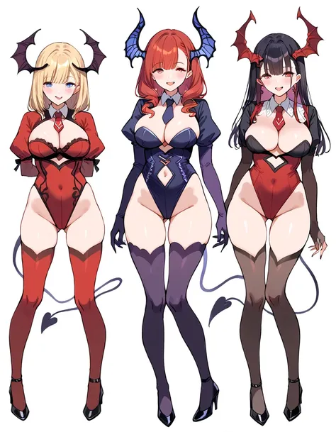 3 girls, variety of hairstyles, variety of bangs, high fantasy costume, ((white background)), full body, multiple views, succubus,  thong, shrug, leotard, cleavage, tie, 