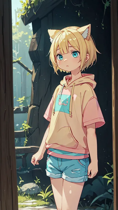 Plain pink short sleeve hoodie。Turquoise Eyes、8-year-old girl, (Eye color is turquoise), SFW,
Blonde Hair、Short Hair、Cat ear、(Blonde :1.5),
White skin, Wooden village, (Flat Chest), Denim shorts,
outside, bright,, Plain pink short sleeve hoodie,I tried dra...