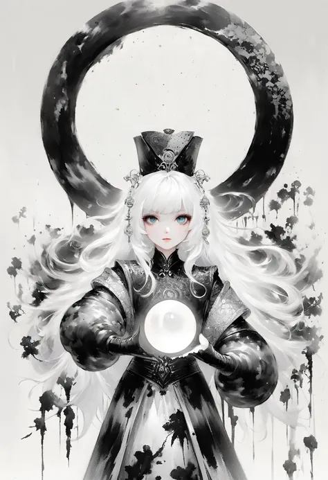 (Lots of white space:1.5)，(Lots of white space around:1.6), White background, simple, Minimalism, Abstract,Hand Painted，Aesthetic，black and white，Ink Painting，Magic Circle，Magician, Holding a magic ball in hand ,A beautiful artistic illustration, author：Li...