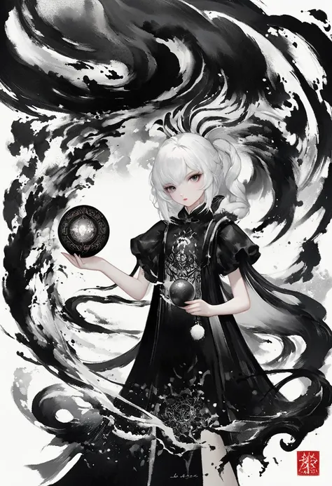 (Lots of white space:1.5)，(Lots of white space around:1.6), White background, simple, Minimalism, Abstract,Hand Painted，Aesthetic，black and white，Ink Painting，Magic Circle，Magician, Holding a magic ball in hand ,A beautiful artistic illustration, author：Li...