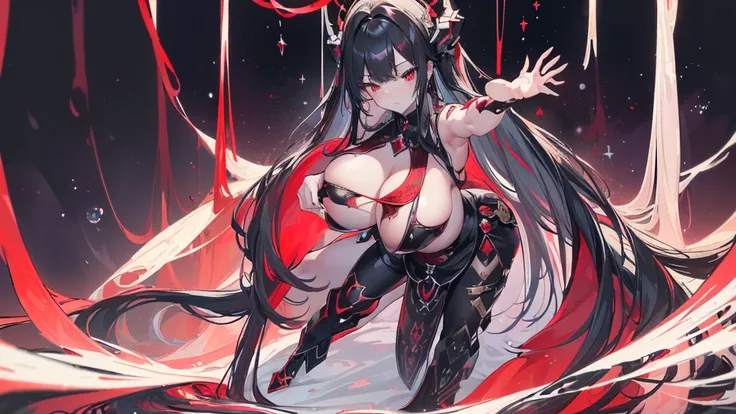 (Exquisite eyes),(Clear and beautiful eyes:1.61),masterpiece, 1 young girl,(Black clothes and some red gems), Black long hair, (She has a huge red gem on her chest), Good Hand,((The Havoc of StarCraft)),full-body shot,Fighting Stance,(Red Eyes:1.466)，short...