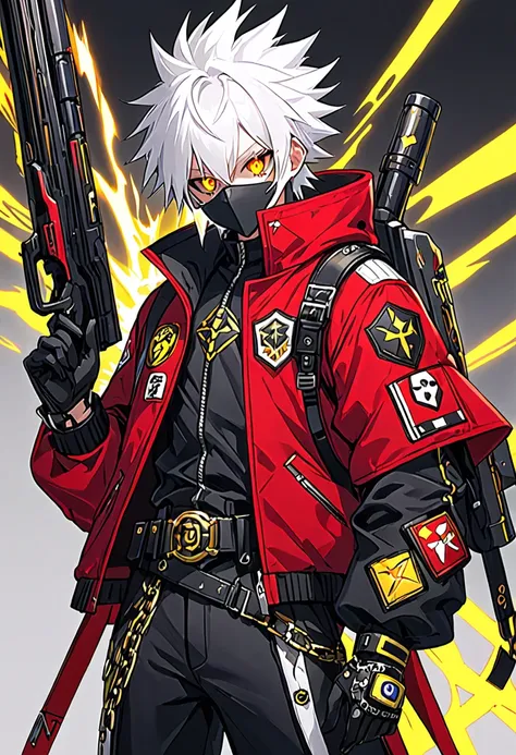 He has spiky, white hair that adds to his dynamic appearance. He wears a futuristic, black and gray mask with yellow glowing eyes, giving him a menacing and high-tech look.

Outfit: He is dressed in a red jacket with various patches and symbols, including ...