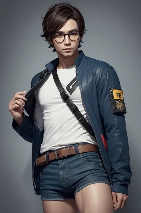 Free fire style male character with poket on his head with glasses with poket with tight long sleeve shirt and a loose shirt on top and a fanny pack on the shirt