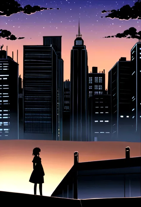 anime,silhouette,One Girl, star (null), cloud, cityscape, building, city, Outdoor, nullscraper, city lights, night, night null, sunset, nullline