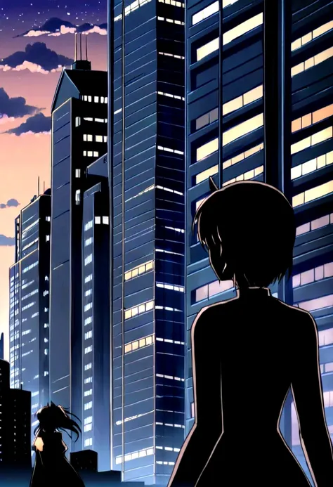 anime,silhouette,One Girl, star (null), cloud, cityscape, building, city, Outdoor, nullscraper, city lights, night, night null, sunset, nullline