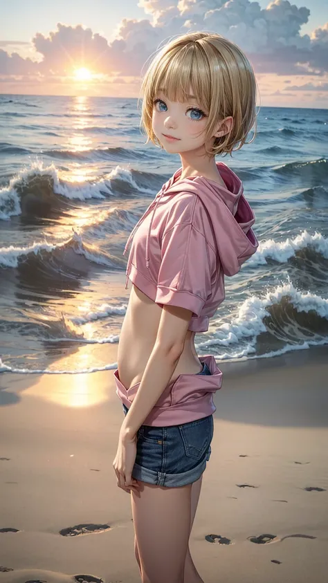 Absurd, Ultra-detailed,Bright colors,(solo),(From the side:1.2),(View your viewers:1.5) (Short blonde hair:1.2),Shiny Hair,(Pink hoodie:1.5),(Black sneakers),Denim shorts,Delicate and beautiful face, blush、(Deep blue eyes:1.4), White skin, (A wistful smile...