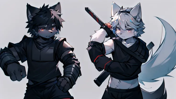 White Wolf，Black Hair，Red Eyes，Wolf ears，Wolf tail，juvenile，male，hairy，hair，Half-body armor，Combat uniform，Silver and black clothes，Handsome，Handsome，shorts，Forearm exposed，leg，Fighting Stance，duel，Two people，anxious，Holding a sword，Simple background，sword