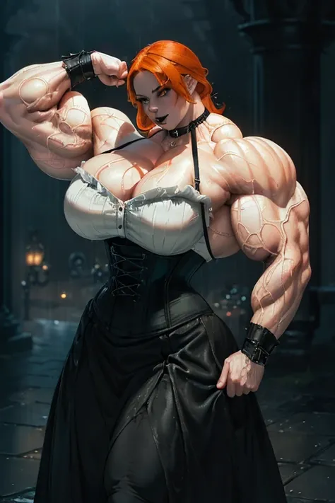 (((((Massive, beautiful, buff, wet, pale white skinned muscular woman with orange hair, black lipstick, ginormous bulky muscles and wearing a gothic corset with a beautiful long gothic skirt))))), (close view), massive muscles, hyper muscles, long shaggy h...