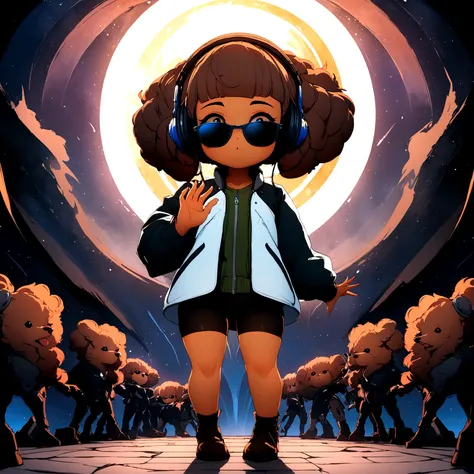 Perfect centering, Cute brown baby poodle, Wearing a student jacket, Wear sunglasses, Wearing headphones, Standing position, Abstract Beauty, Centered, Looking into the camera, To the camera, Near perfect, dynamic, Moonlight glow, Very detailed, Digital Pa...