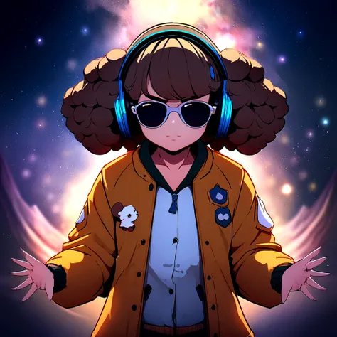 Perfect centering, Cute brown baby poodle, Wearing a student jacket, Wear sunglasses, Wearing headphones, Standing position, Abstract Beauty, Centered, Looking into the camera, To the camera, Near perfect, dynamic, Moonlight glow, Very detailed, Digital Pa...