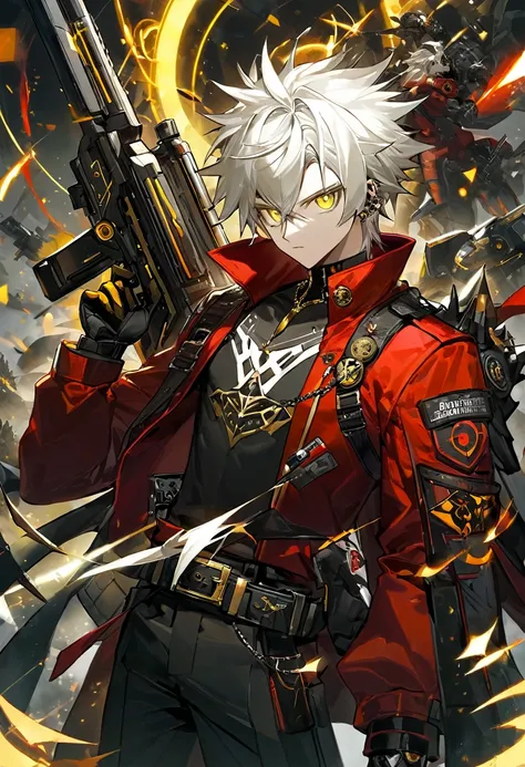 He has spiky, white hair that adds to his dynamic appearance. He wears a futuristic, black and gray mask with yellow glowing eyes, giving him a menacing and high-tech look.

Outfit: He is dressed in a red jacket with various patches and symbols, including ...