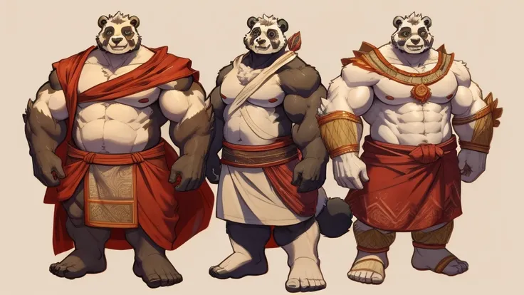 furry, (((panda))), dressed in roman clothes, bare chest, fluffy chest, wearing a red toga, white fur, big body, male, mature, full body, muscular, big biceps, big arms, reveal clothes, character concept art, simple background