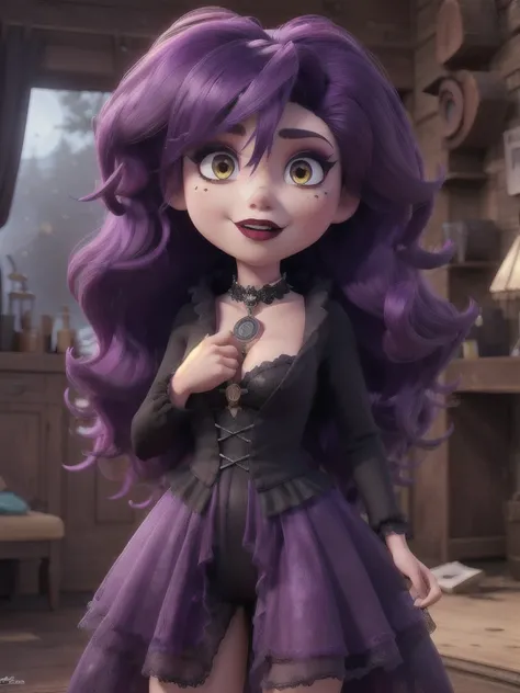 Ultra detailed, hole body, midnight, clothes details, fashion, goth, makeup, lattin drag queen, hole body, witch, long purple hair, dark clothing, forest