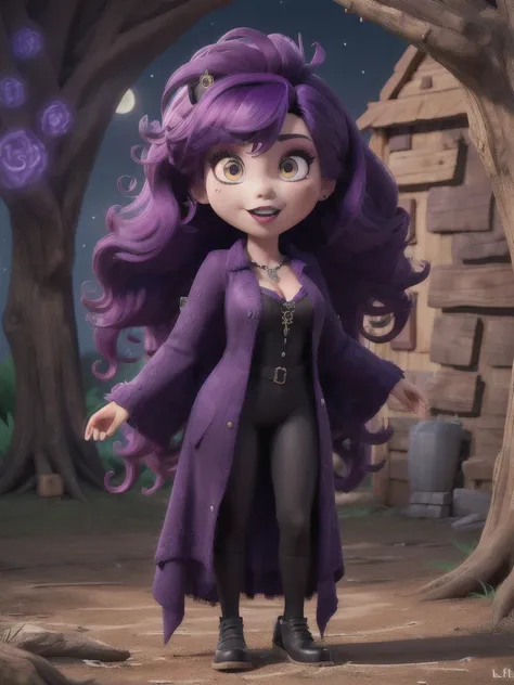 Ultra detailed, hole body, midnight, clothes details, fashion, goth, makeup, lattin drag queen, hole body, witch, long purple hair, dark clothing, forest