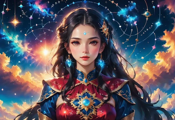 a portrait of an astrologer looking at libra constellation in the night sky, an extraordinary beautiful woman, there is magic in her eyes divining the future from the Libra constellation, dynamic hair color, dynamic hair style, wearing an intricate red dre...