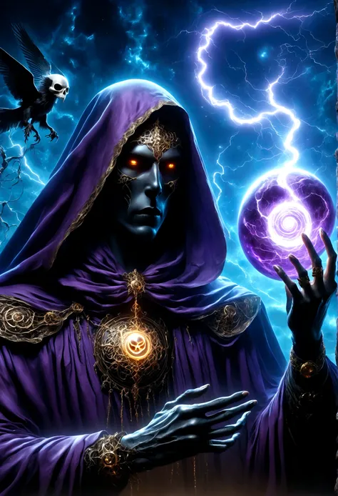 Dark Rune Astrologer,, Black Gold Astrologer,, magic void energy, Glowing eyes, Death Lightning, death energy ball floating on its Bone Hand, Casting a Spell, Energy Splitting, Bone Hand, Wearing a luxurious cloak, Astral Lightning Floating, Land and rocks...