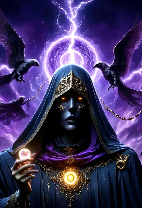 Dark Rune Astrologer,, Black Gold Astrologer,, magic void energy, Glowing eyes, Death Lightning, death energy ball floating on its Bone Hand, Casting a Spell, Energy Splitting, Bone Hand, Wearing a luxurious cloak, Astral Lightning Floating, Land and rocks...