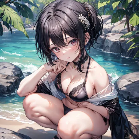 ((Highest quality)), ((masterpiece)), ((detailed)), (4K), 1girl, 独奏, pixie cut, black hair, thong bikini, large breasts, squatting, from above, face focus