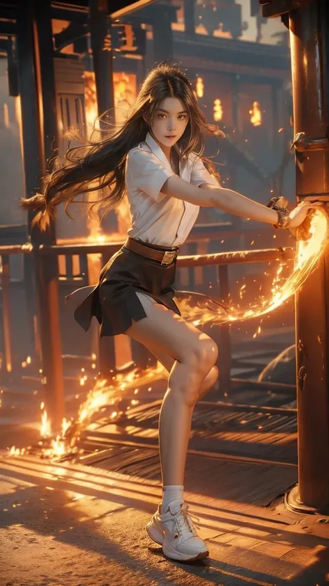 (Fire element:1.2), Knee shot, 18s woman in thai university uniform, long straight hair, white short-sleeve shirt, black tight mini skirt, brown belt, white sneakers, masterpiece:1.2, high detail, realistic, cinematic scene, slim and perfect figure, perfec...