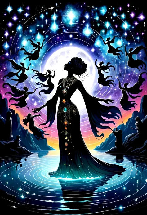 Astrologer，In the middle of the lake, Mysterious female black silhouette in the middle of the night, Surrounded by glowing constellations, Summoners dance to appease the spirits of the dead. Ceremonial canvas clothing. Sensual. Multiple magic arrays. Dynam...