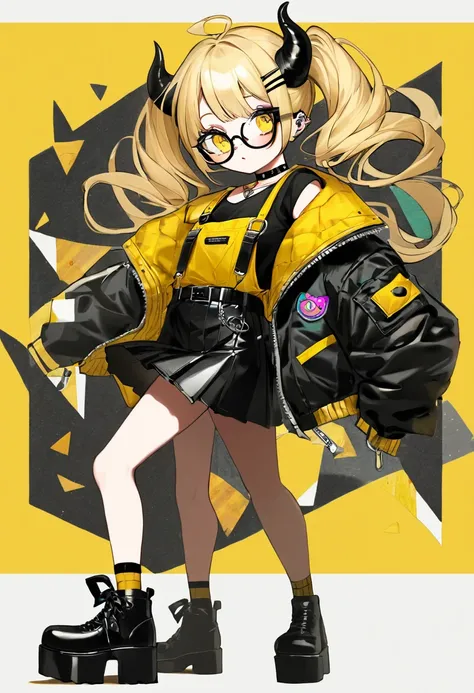 She has light blonde, wavy hair styled in loose pigtails. Her hair is adorned with black hairpins shaped like horns or wings, adding a playful yet edgy touch to her look. She also wears round glasses, enhancing her intellectual and sophisticated appearance...