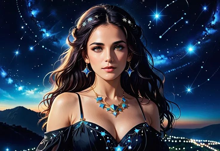 a portrait of an astrologer looking at libra constellation in the night sky, an extraordinary beautiful woman, there is magic in her eyes divining the future from the Libra constellation, dynamic hair color, dynamic hair style, wearing an intricate black d...