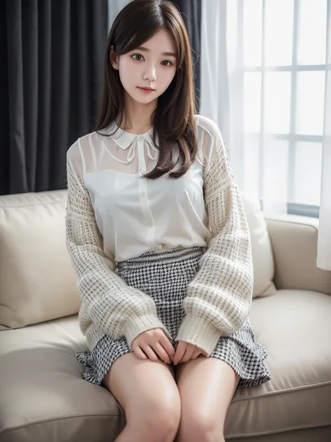 White Office、Mid-length houndstooth skirt 、Sheer blouse、(Highest quality)、((Very detailed))、4K、(8K)、masterpiece、Very detailedな、Highest quality、Super Resolution、1 person、Kind Face、Soft Light、RAW quality、Soft Skin、163cm、30 years old、knees