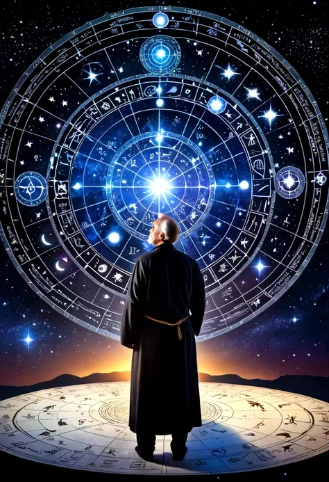 (Astrologer), An astrologer is interpreting fate on a complex star chart, with ancient runes and symbols next to it. The background is a flickering image of a galaxy, full body, (Photography), panoramic view, award-winning, cinematic still, emotional, vign...