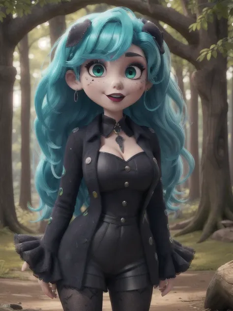 Ultra detailed, hole body, midnight, clothes details, fashion, goth, makeup, lattin drag queen, hole body, witch, long green/cyan hair, dark clothing, forest