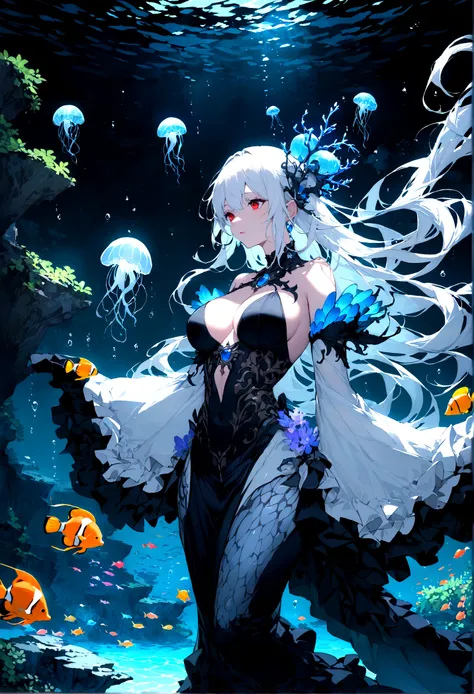 Oil，ocean，careful，magic，mystery，(ocean藻に抱かれた都市遺跡)，Beautiful coral reef with aquatic plants，Colorful fish swimming，clear and distinct，Ethereal atmosphere，Marble Mermaid Statue、Whispering Shells、Glowing jellyfish、ancient symbols and words、惊人的美丽和古老的magic，Unco...