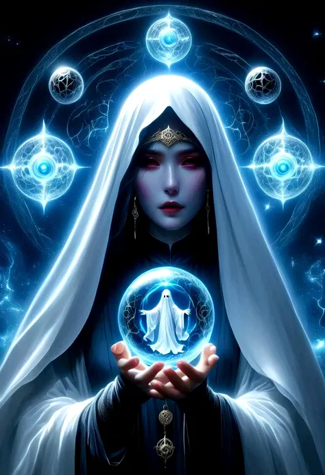 magic dream castle, sacred geometry, be focused, (floating ghost mage, holding a magic ball in hand:1.5)，heaven and earth collap...