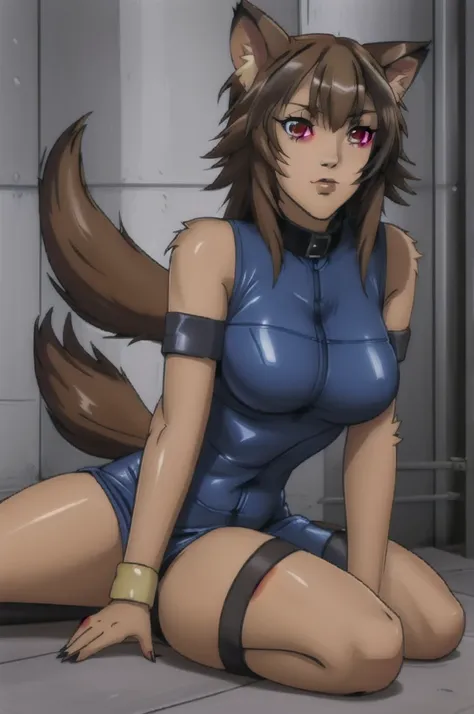 (masterpiece, best quality),  intricate details,
1girl,  raphtalia, animal ears, brown hair, long hair, raccoon ears, raccoon girl, raccoon tail, (red eyes:1.5), tail, 
 latex bikesuit,