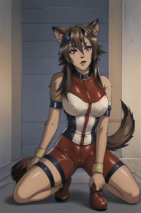 (masterpiece, best quality),  intricate details,
1girl,  raphtalia, animal ears, brown hair, long hair, raccoon ears, raccoon girl, raccoon tail, (red eyes:1.5), tail, 
 latex bikesuit,