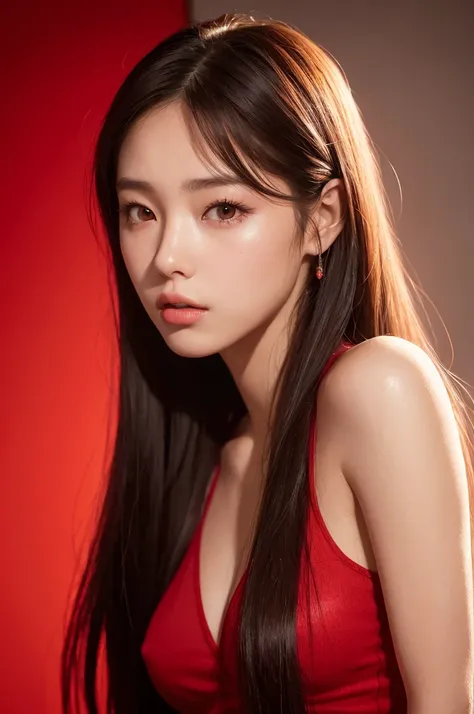 20 year old girl, sexy model, red theme, long hair, high contrast (Natural skin texture, Hyperrealism, Soft Light, sharp), portrait, standing, kpop