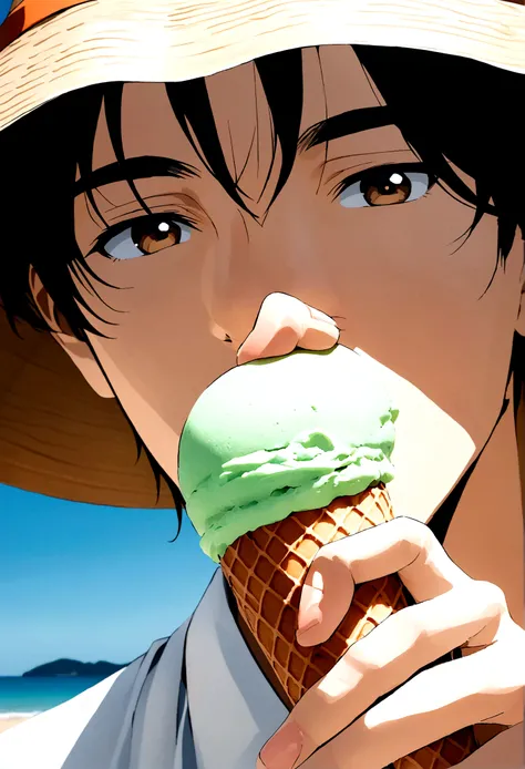 Anime boy, Sharp image, eating ice cream at the beach, wearing a beach hat, handsome Close-up photo