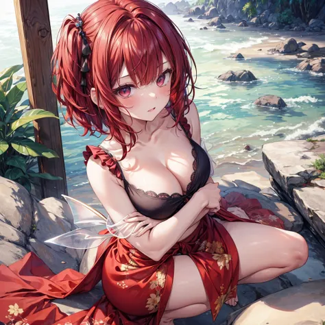 ((Highest quality)), ((masterpiece)), ((detailed)), (4K), 1girl, 独奏, pixie cut, darkred hair, sarong, 比基尼, large breasts, squatting, open legs, from above, face focus