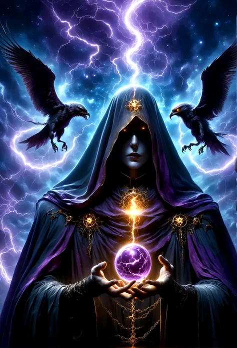 Dark Rune Astrologer,, Black Gold Astrologer,, magic void energy, Glowing eyes, Death Lightning, death energy ball floating on its Bone Hand, Casting a Spell, Energy Splitting, Bone Hand, Wearing a luxurious cloak, Astral Lightning Floating, Land and rocks...